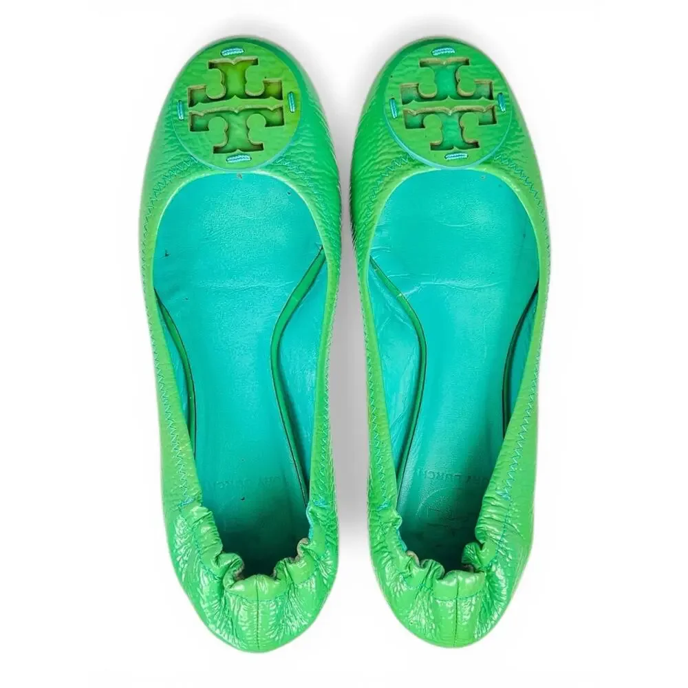 Tory Burch Caroline Green Leather Ballet Flats Size 6 Gold Logo Scrunch Elastic